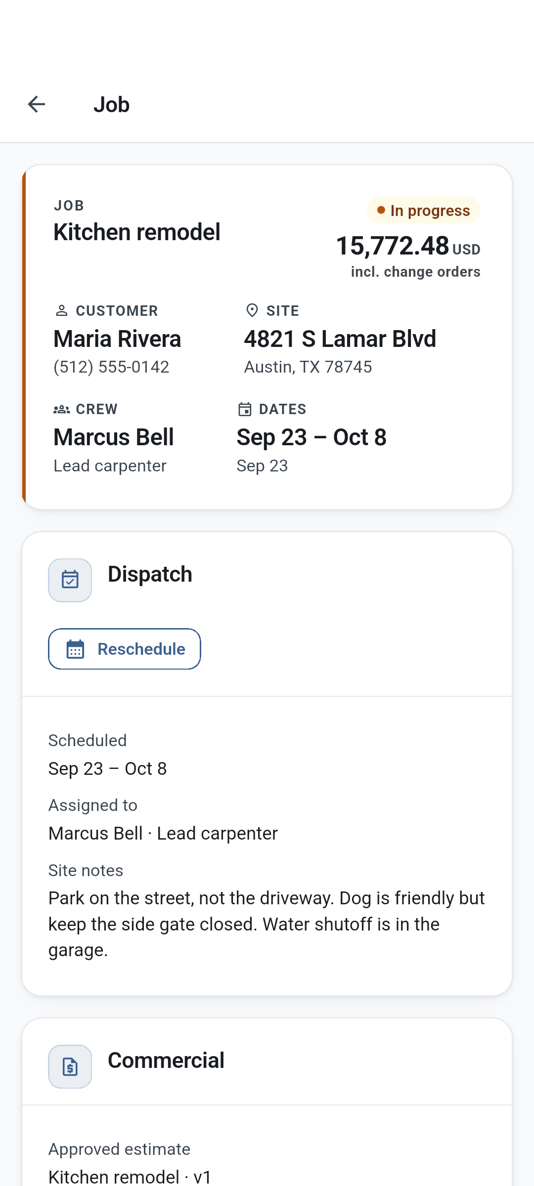 Job detail with schedule and crew